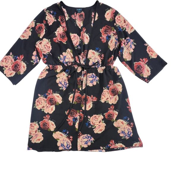 Rue21 Sweaters - Rue + Cardigan 2X Black Floral Topper Tie Waist Kimono Romantic Flowy Duster